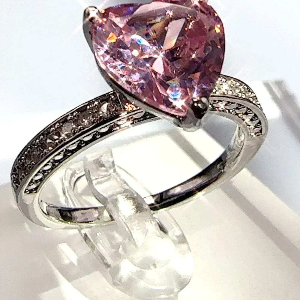 Heart Cut Pink Cubic Zirconia Ring With Accents In Silver Tone 7 - Picture 2 of 12